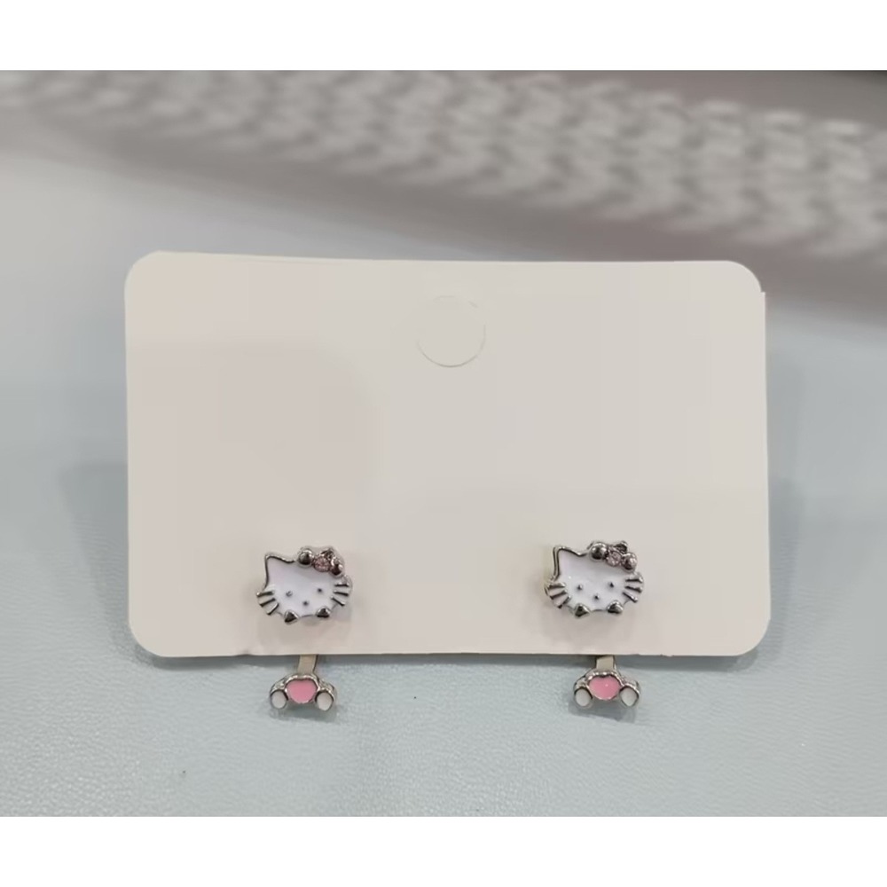 HELLO KITTY Stud Earrings Silver Pink Dangle‎ Jacket Cute Minimal Gift - Picture 2 of 4